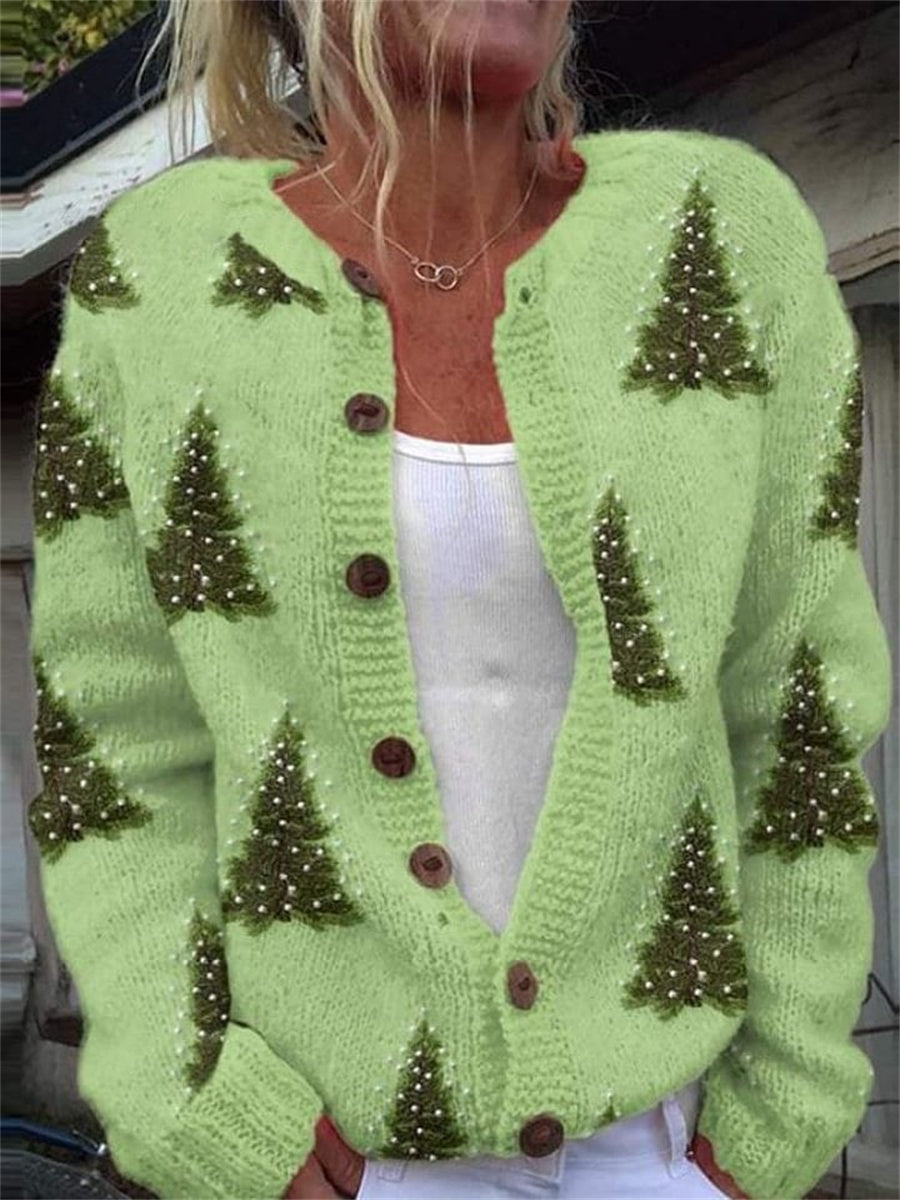 Christmas Tree Print Buttoned Long Sleeve Casual Cardigan