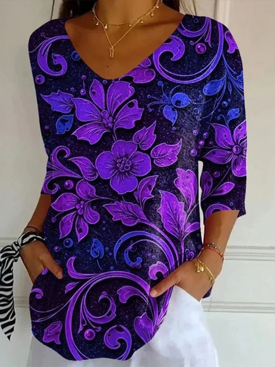 Vintage Floral Print V-neck 3/4 Sleeve T-Shirt