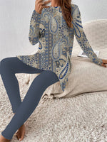 Blue Ethnic Crew Neck Long Sleeve Two-Piece Set