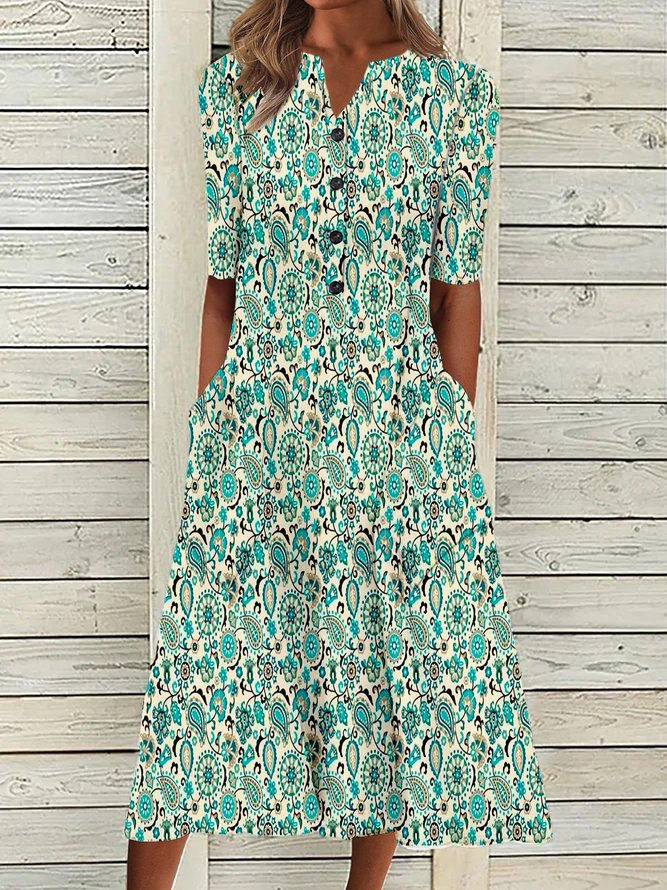 Cyan Casual V Neck Floral Printed Half Sleeve Dress