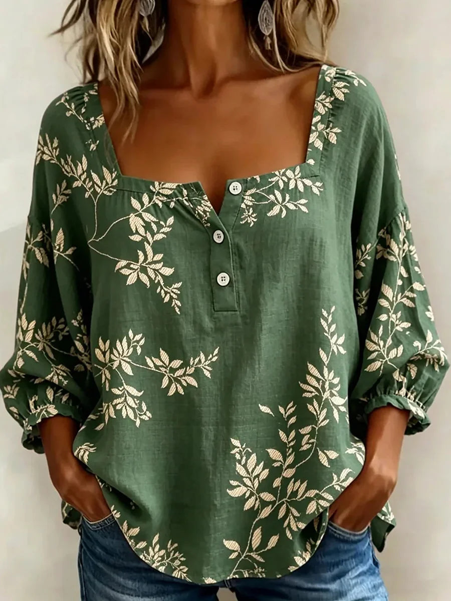 Green Leaf Print Square Neck 3/4 Sleeve Blouse