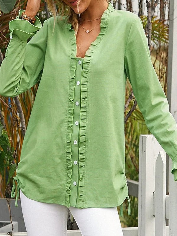 Green Casual V-neck Long Sleeve Solid with Buttons Blouse