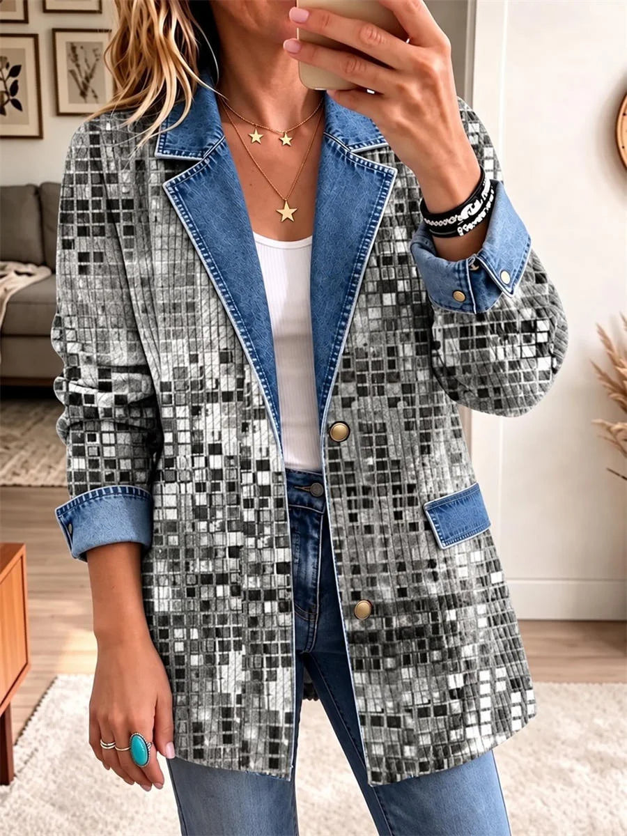 Vintage Abstract Graphic Long Sleeve Lapel Collar Jacket