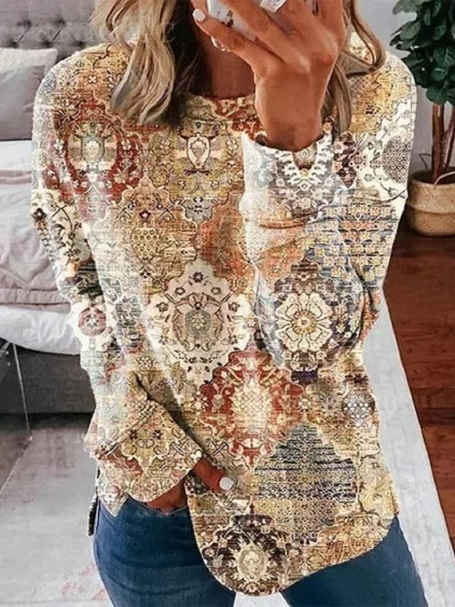 Multicolor Casual Round Neck Ethnic Printed Long Sleeve Sweatshirts
