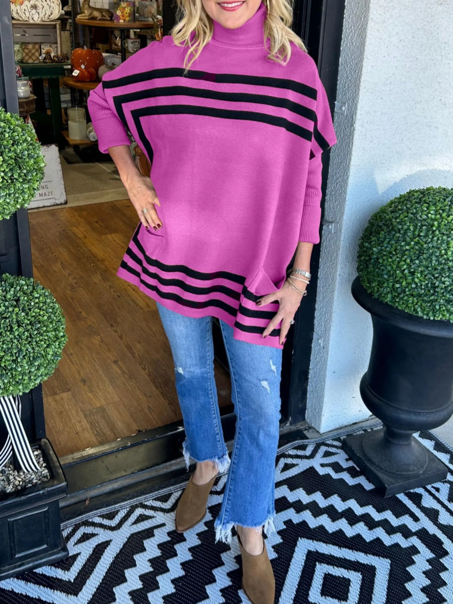 Turtleneck bat sleeve striped sweater