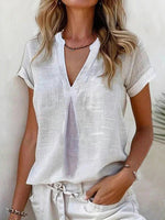 Casual Solid Colour V-neck Short Sleeve White Blouse