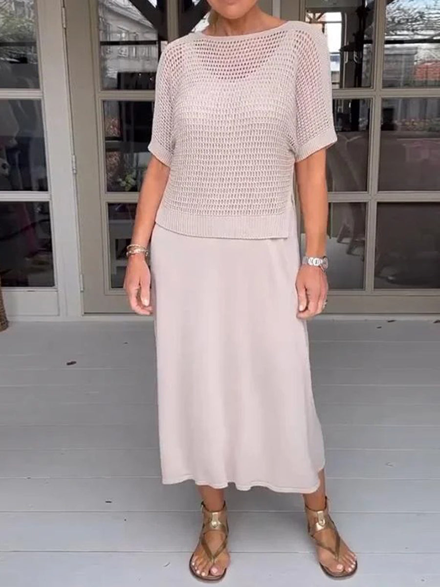 Casual Suspender Dress And Hollow Blouse Two-Piece Suit