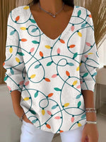 Women's Christmas Pattern Art Print Casual V-neck Long Sleeve Pullover Sweater