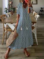 Geometric Half Sleeve V Neck Tassel Casual Maxi Dress