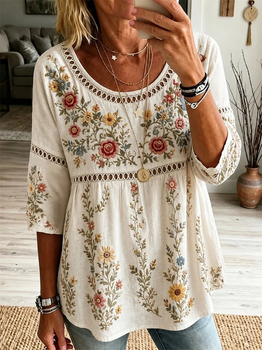Crew Neck 3/4 Sleeve Floral Printing Regular Micro-Elasticity Loose Blouse For Women
