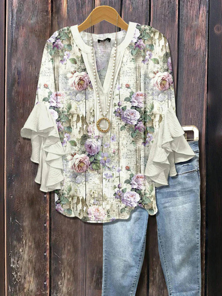 Casual Floral Print V-neck Half Sleeve Blouse