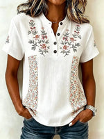 White Floral Patchwork Short Sleeve Henley Blouse