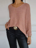 Casual Sweater Plain V-Neck Knitted Long Sleeve Tops
