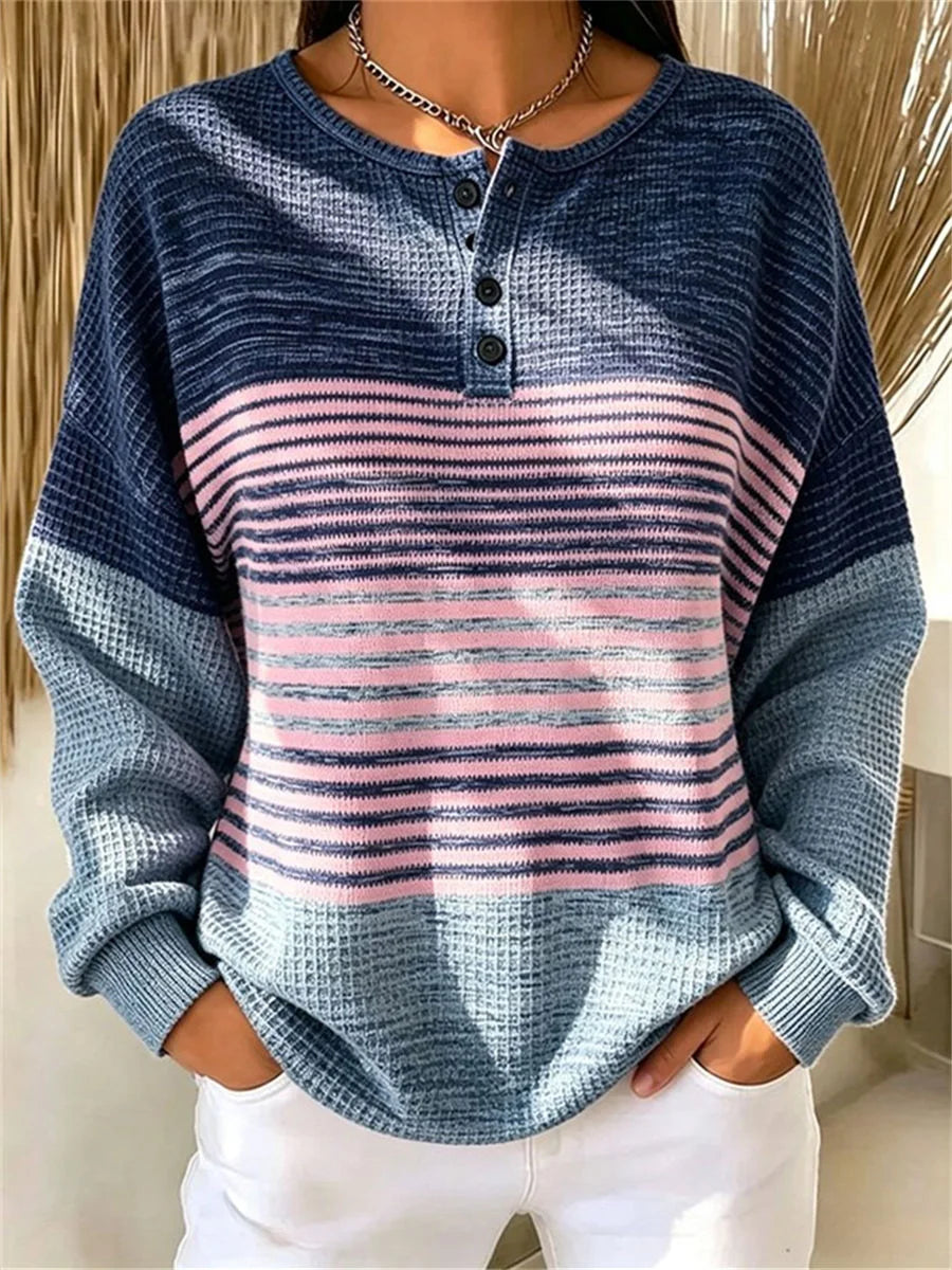 Casual Striped Henley Collar Long Sleeve Sweatshirt