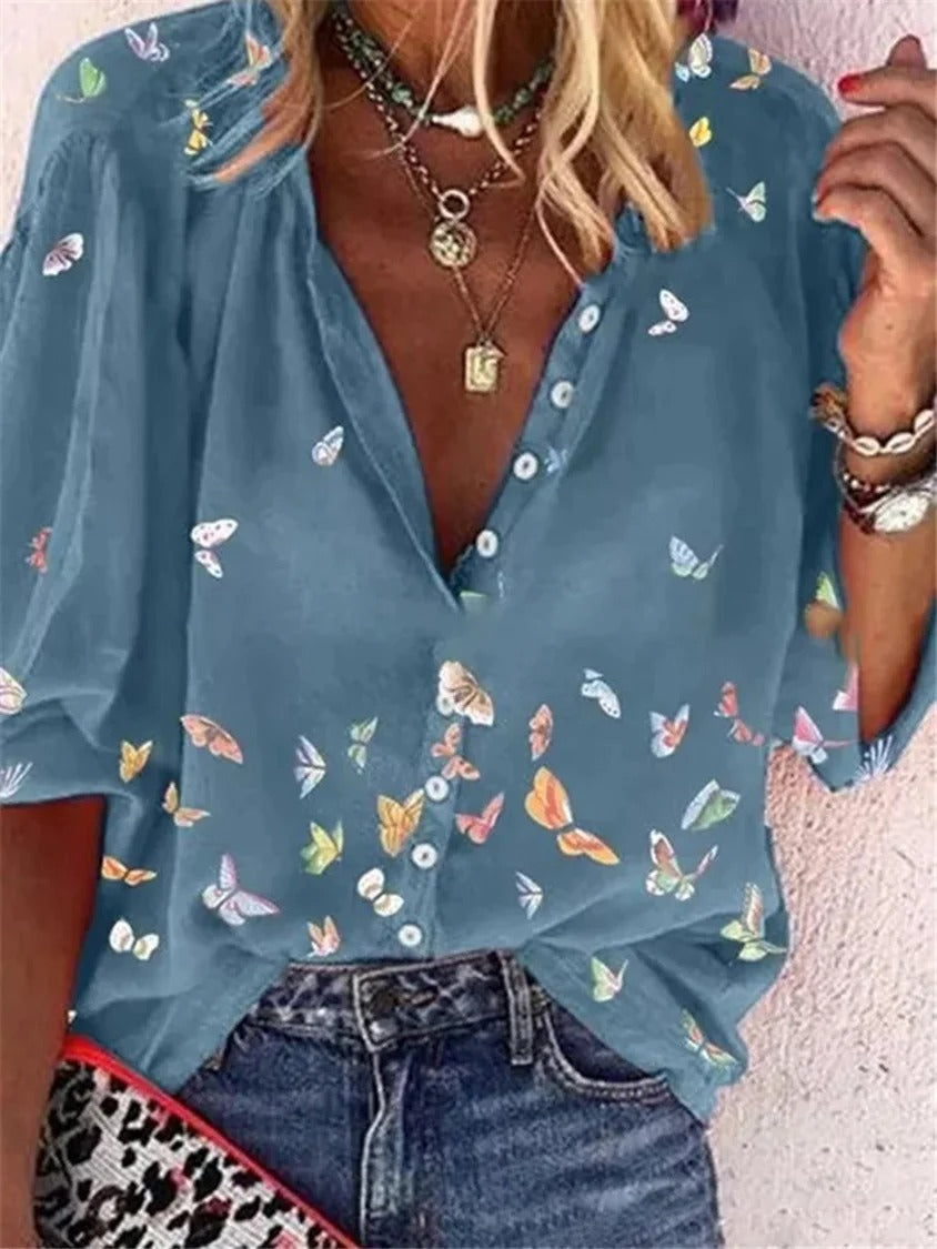 Peacock Casual V Neck Butterfly Printed Long Sleeve Blouse