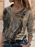 Brown Casual V Neck Printed Long Sleeve Blouse