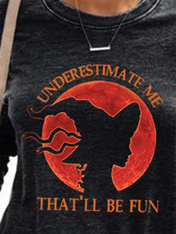 Black Casual Graphic Tops Round Neck Long Sleeve Witch Printed Halloween Sweatshirt