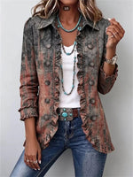 Vintage Gradient Textured Print Ruffle Long Sleeve Jacket