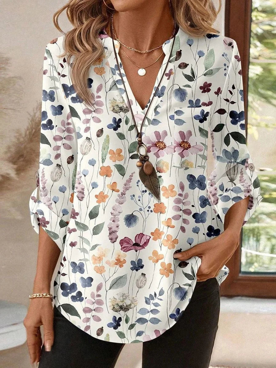 Watercolor Floral V-Neck 3/4 Sleeve Casual Top