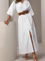 White Belted Puff-Sleeve Shirt Maxi Dress