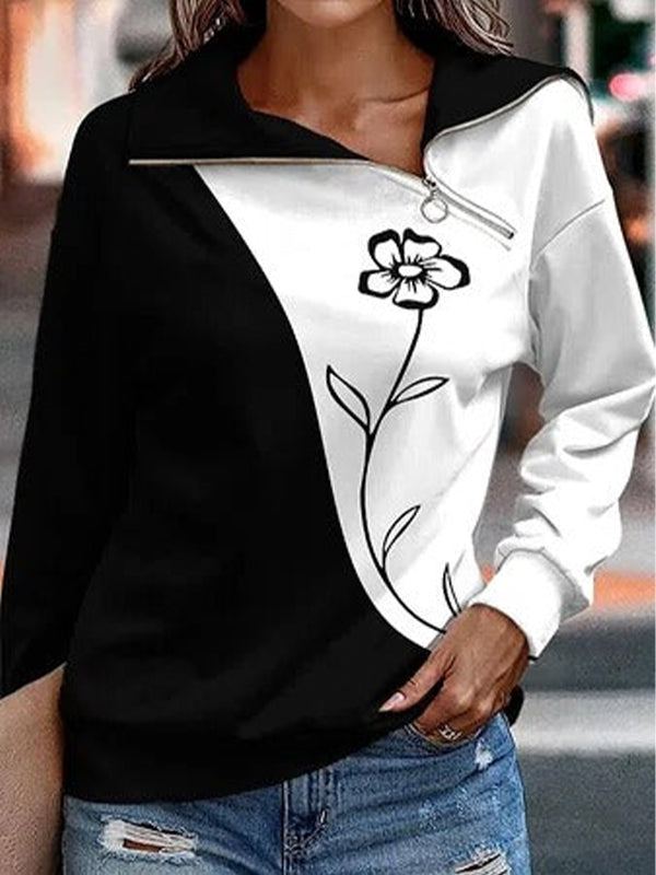 Black-white Casual Graphic Tops Lapel Long Sleeve Floral Printed Sweatshirts