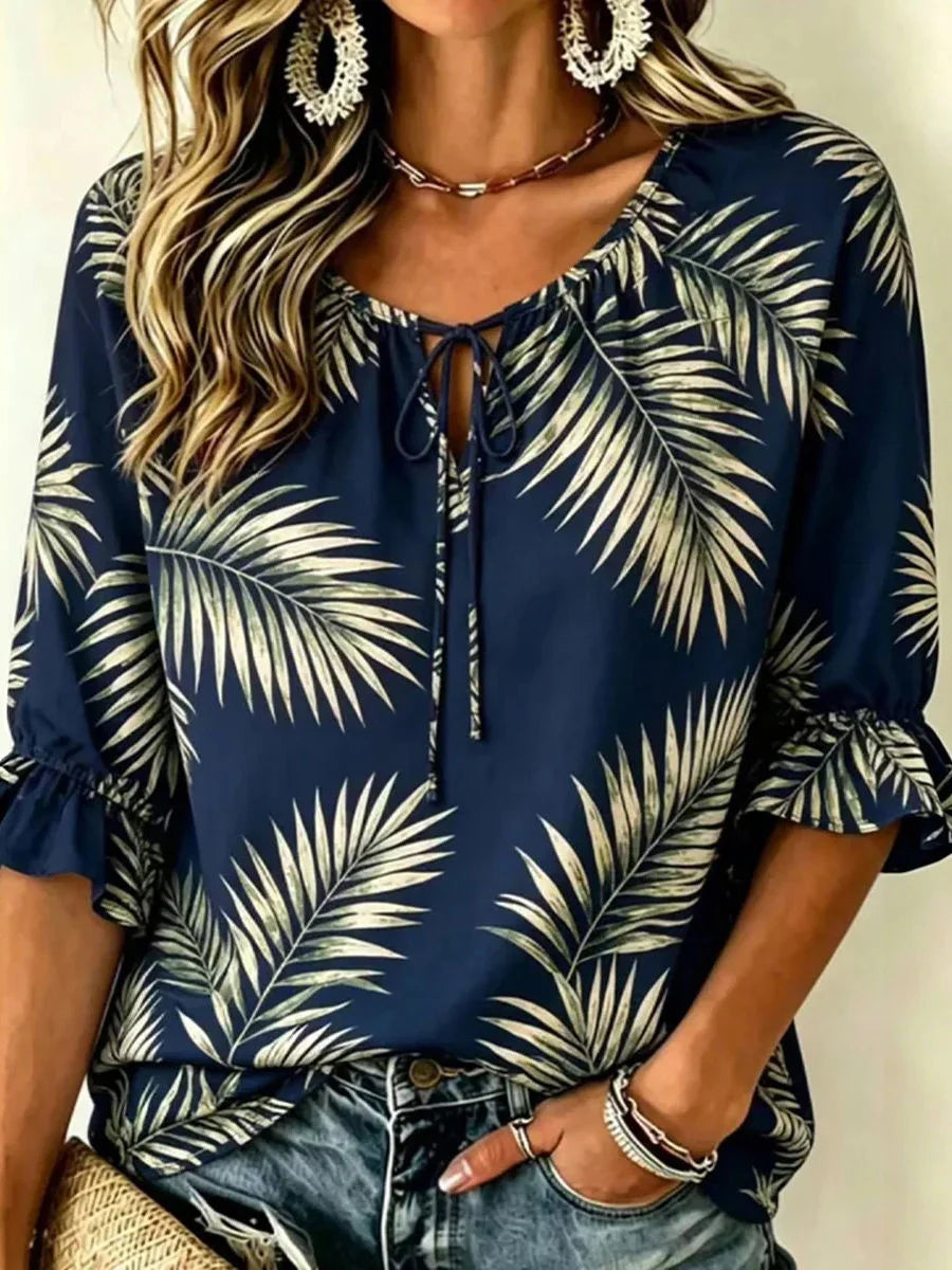 Navy Palm Leaf Print Tie-Neck 3/4 Sleeve Blouse