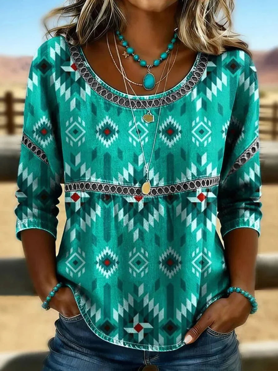 Vintage Casual Round Neck 3/4 Sleeve Blouse