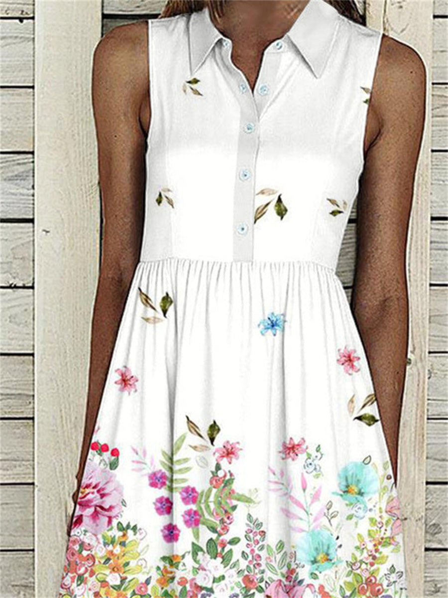 Women Sleeveless Lapel Floral Printed Graphic Button Pockets Maxi Dress
