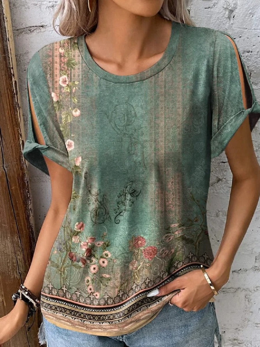 Green Casual Round Neck Floral Printed Short Sleeve Blouse