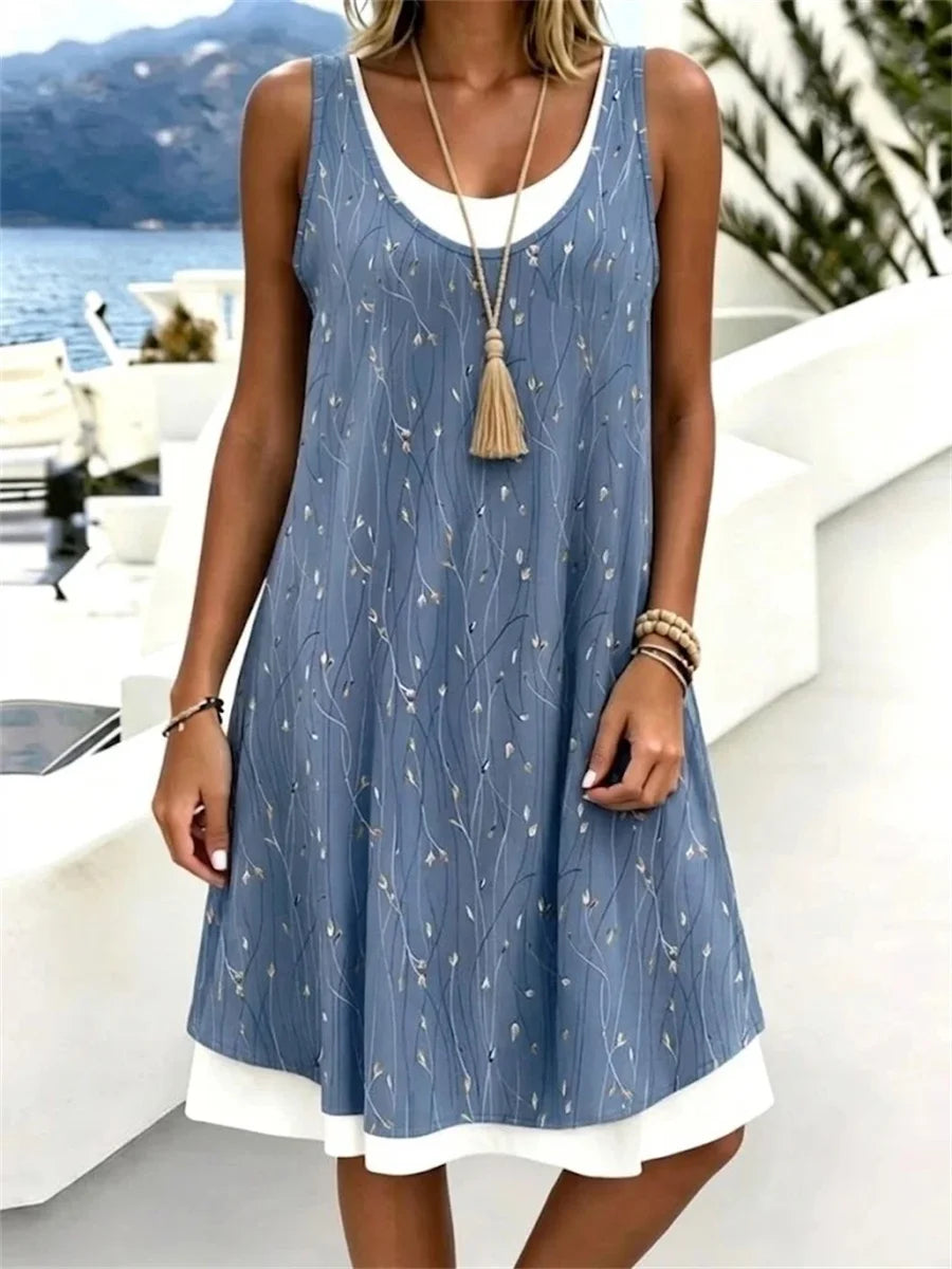 Women Leaf Round Neck Sleeveless Tank A-Line Dress