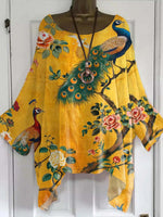 Women's Vintage Floral Peacock Art Print Round Neck Long Sleeve Top