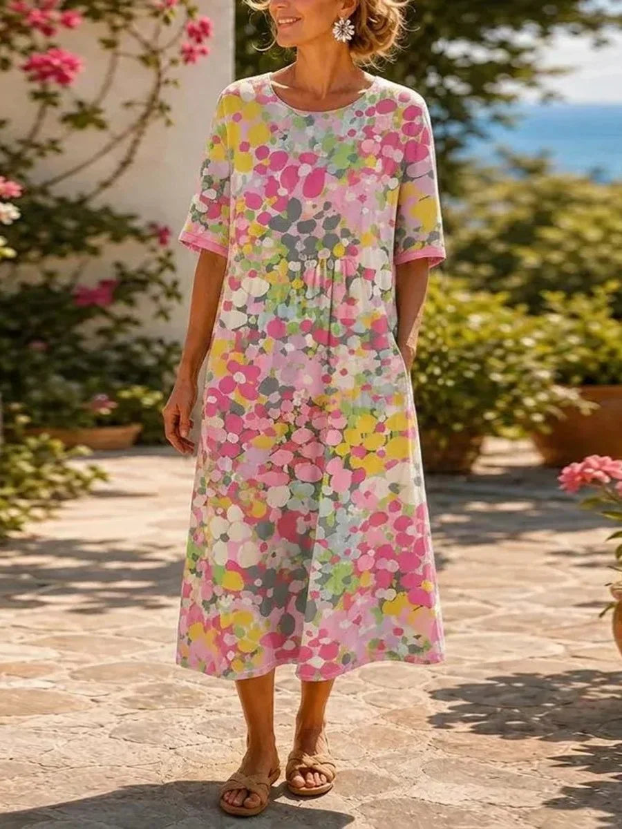 Pastel Multicolor Watercolor Dot Round Neck Short Sleeve Loose Pocket Midi Dress