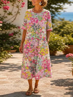 Pastel Multicolor Watercolor Dot Round Neck Short Sleeve Loose Pocket Midi Dress