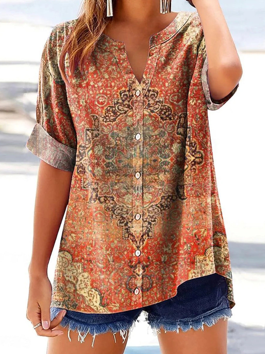 Retro Red V-neck Short Sleeve Top