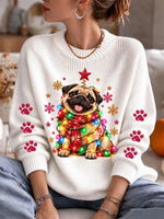 Women's Christmas Pug Cozy Knit Round Neck Long Sleeve Sweater