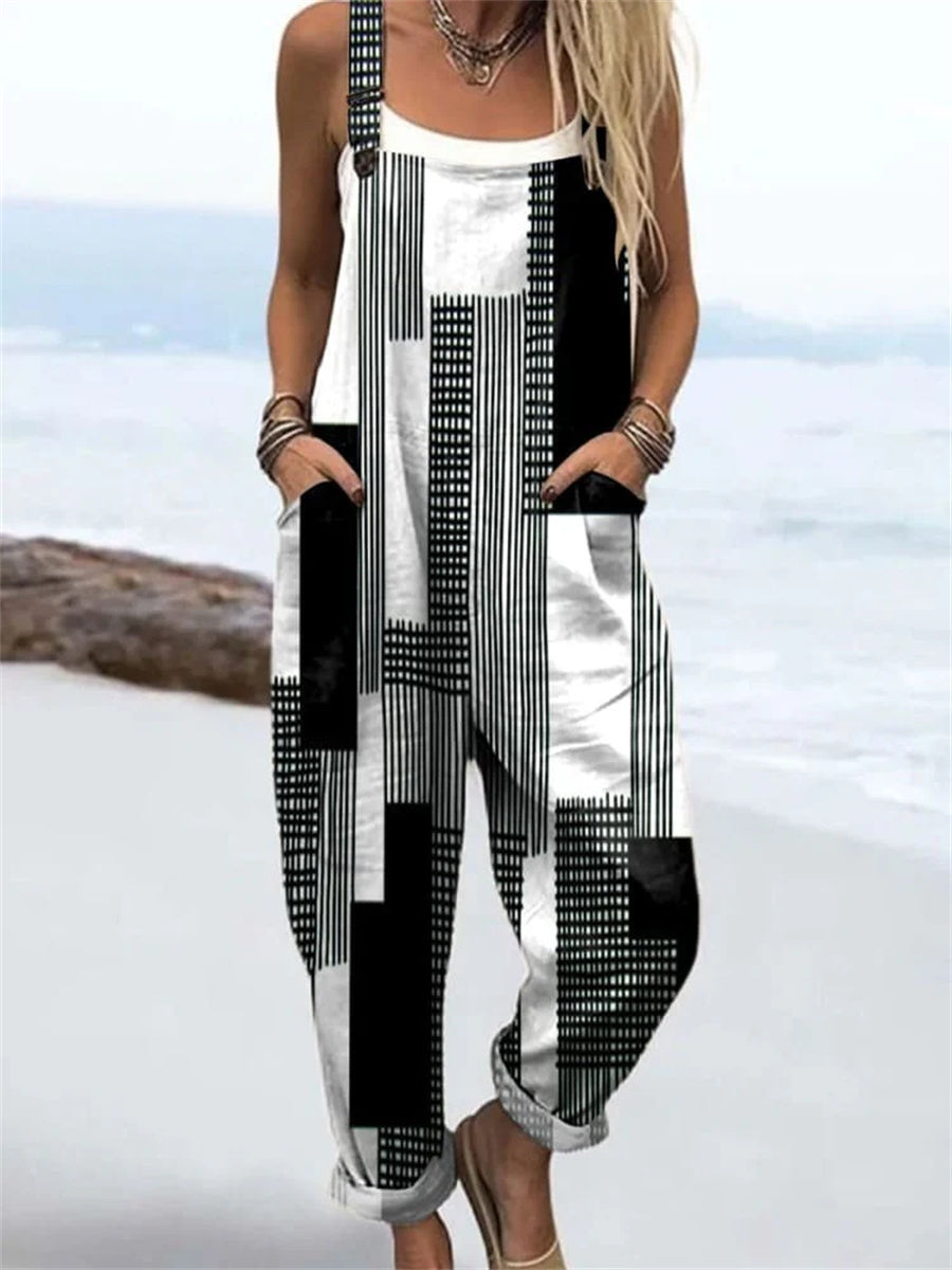 Women's Abstract Black White Stripes Art Print Casual Wide Leg Jumpsuit