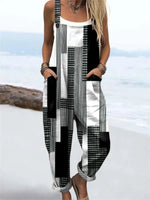 Women's Abstract Black White Stripes Art Print Casual Wide Leg Jumpsuit