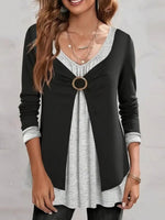 Comfy V-Neck Long Sleeve Color Block Top