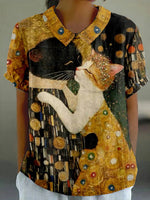 Vintage Cat Print Short Sleeve Blouse