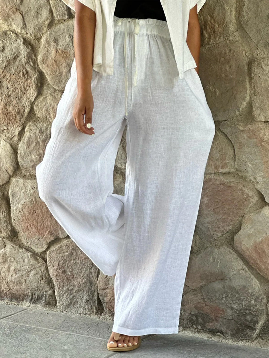White Loose Pockets Drawstring Casual Pants