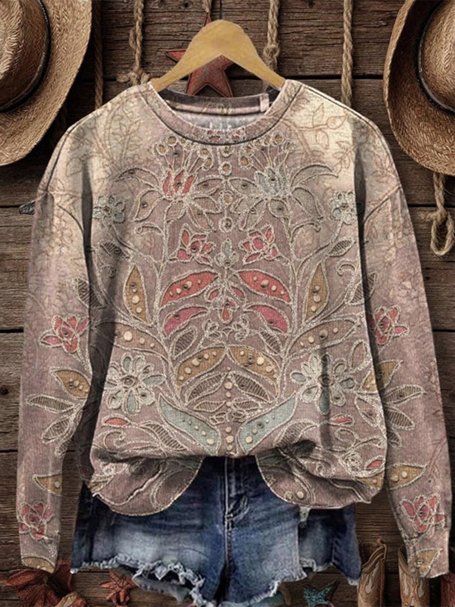 Vintage Floral Print Round Neck Long Sleeve Sweatshirt