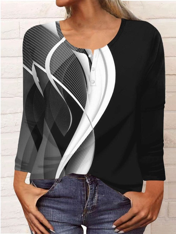 Black-white Casual Round Neck Daily Long Sleeve Blouse