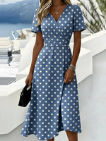 Trendy Blue Polka Dot V-neck Short Sleeve Midi Dress