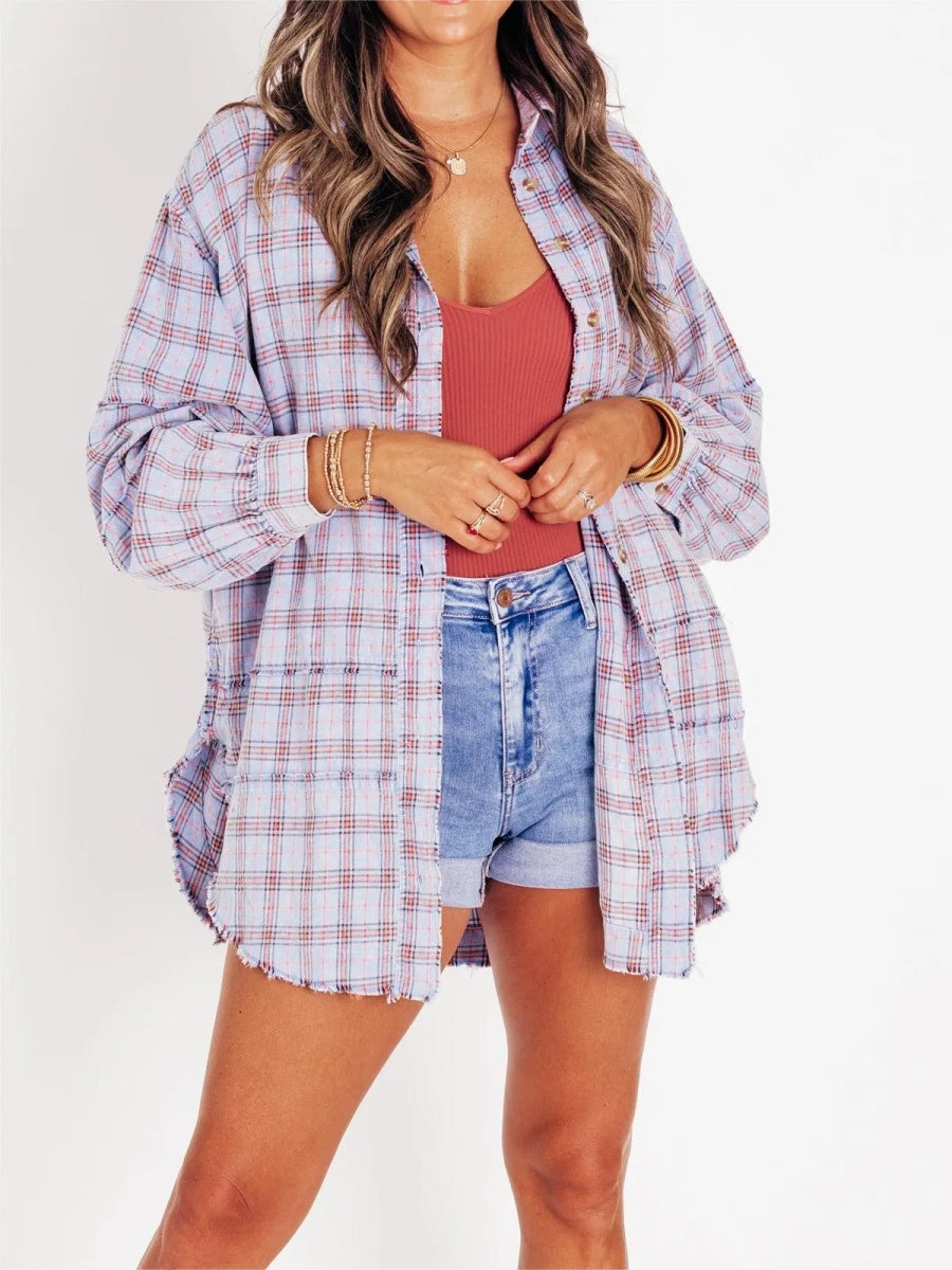 Women's Mineral Washed Button Down Plaid Shirt