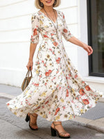 Elegant Floral V-Neck 3/4 Sleeve Maxi Dress
