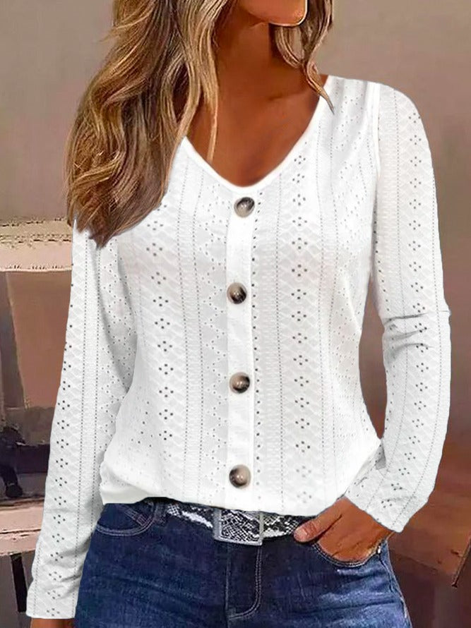 White Casual V Neck Solid Long Sleeve Blouse