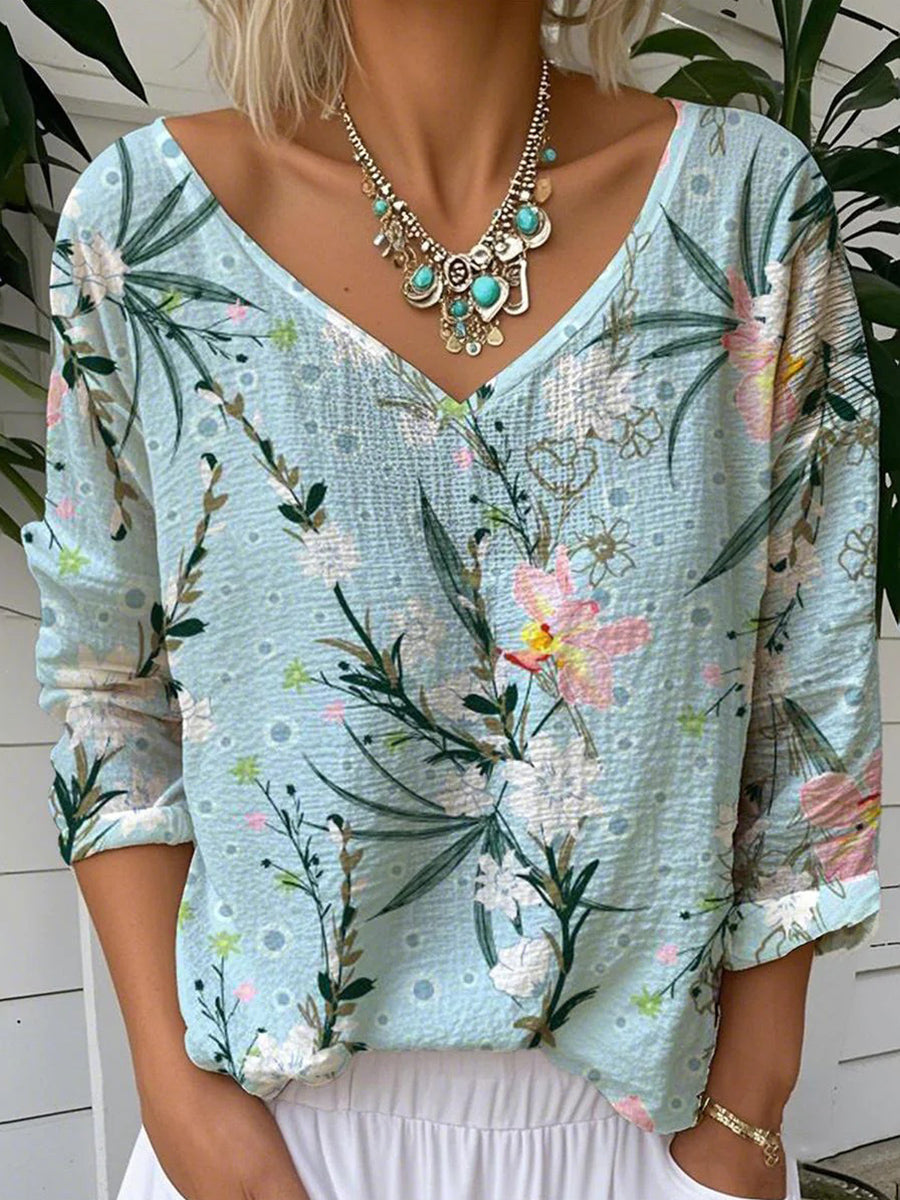 Blue V-Neck Floral Print Long Sleeve Top