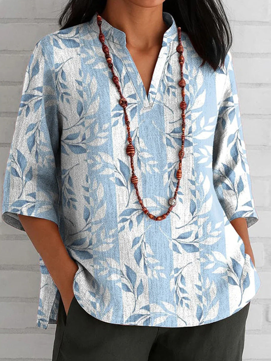 Unique Plant Print V-neck 3/4 Sleeve Top