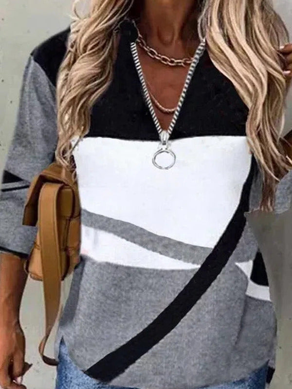 Multicolor Casual Graphic Tops V-neck Long Sleeve Patchwork Printed Sweatshirts