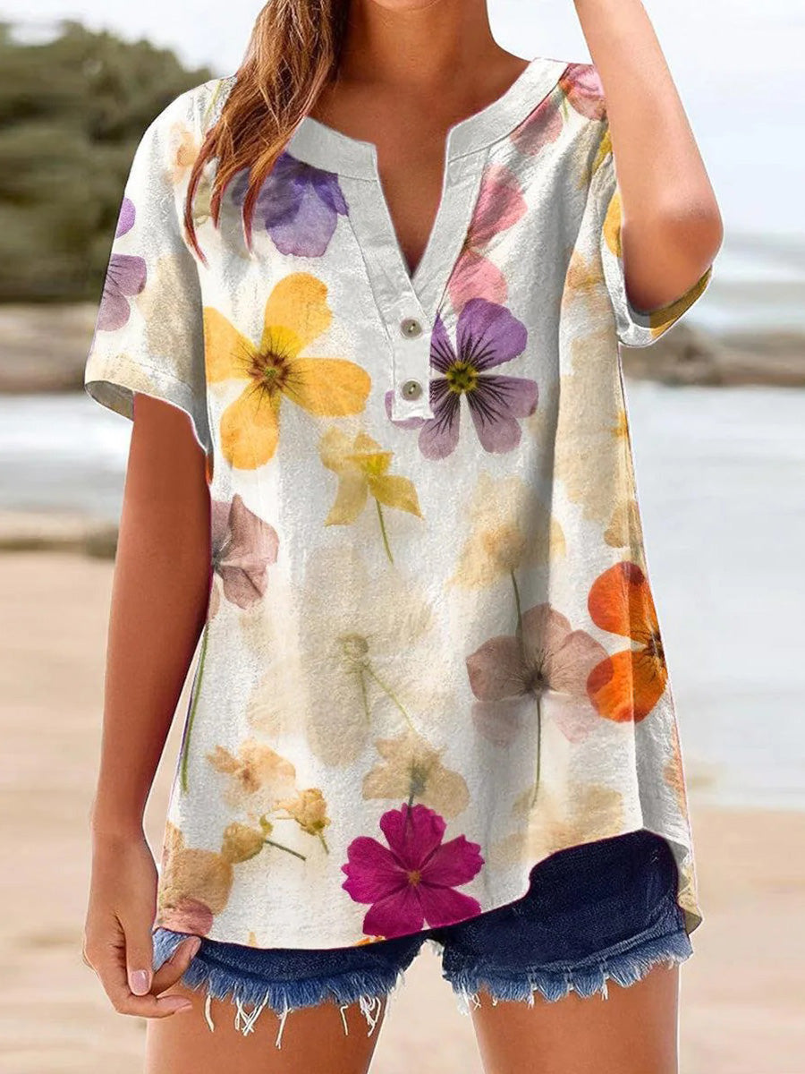 Attractive Floral Print V-neck Short Sleeve Top